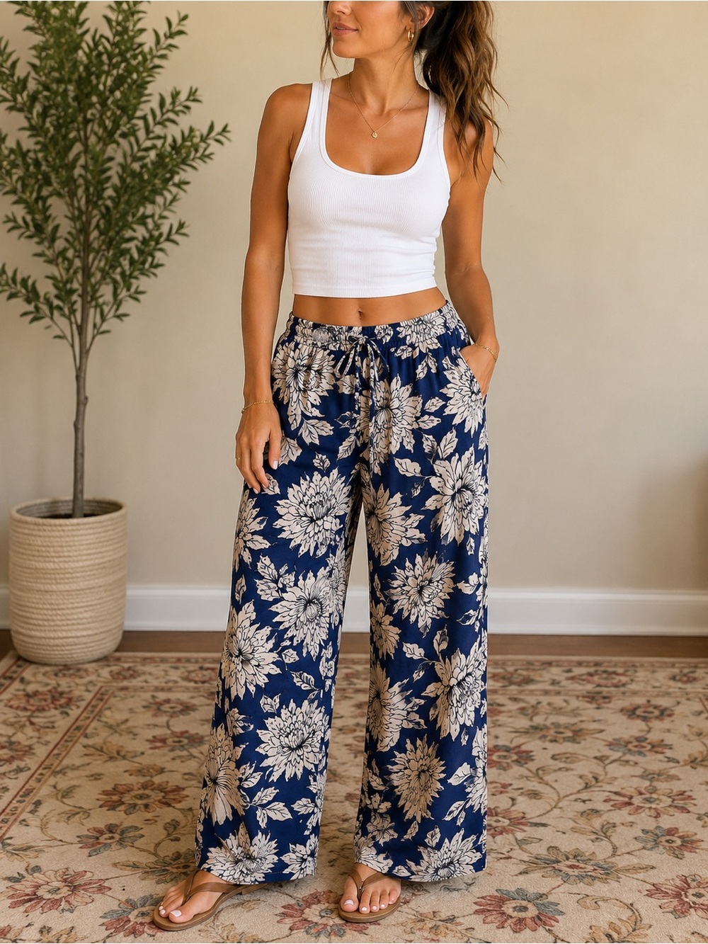 Abound Navy Wide-Leg Floral Pull-On Pants